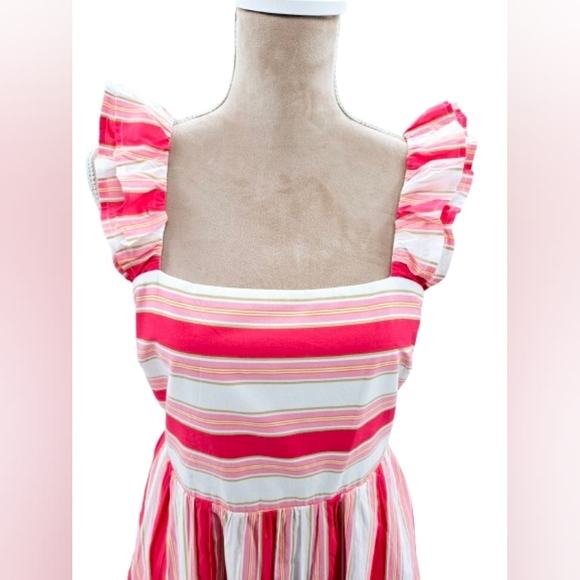 J Crew Cotton Striped Square Neck Midi Dress Pockets - Picture 2 of 13